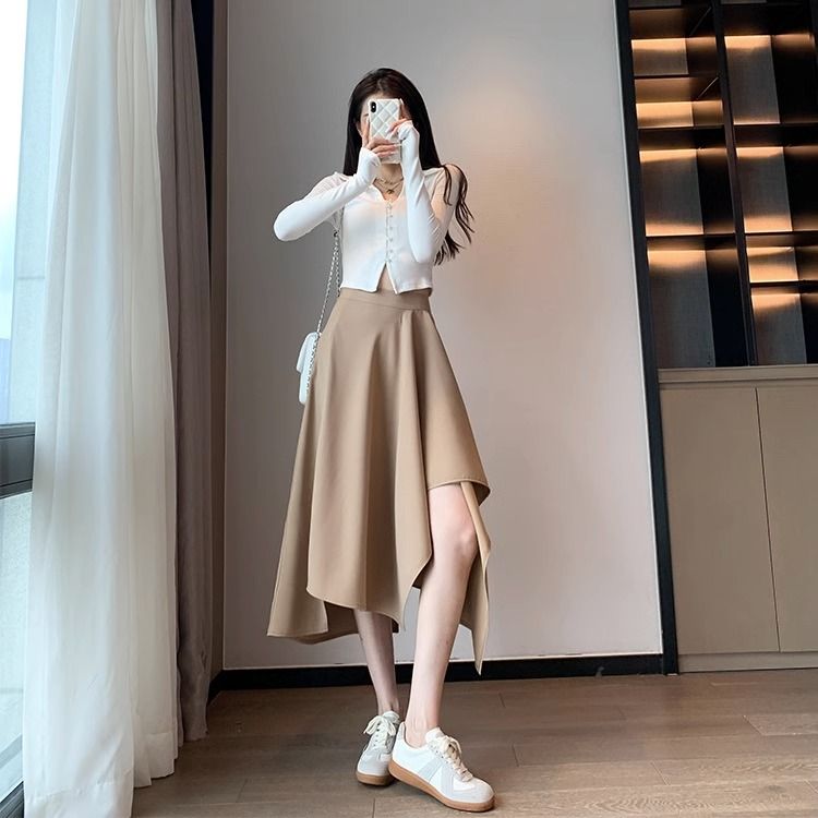 半身裙女夏季2023年新款大碼不規則設計感復古高腰顯瘦中長款裙子-創美
