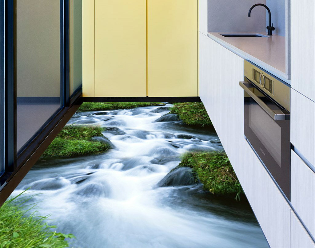 DT2953D防滑地板貼紙 清新綠草溪流房門浴室廚房防水地貼裝飾1入