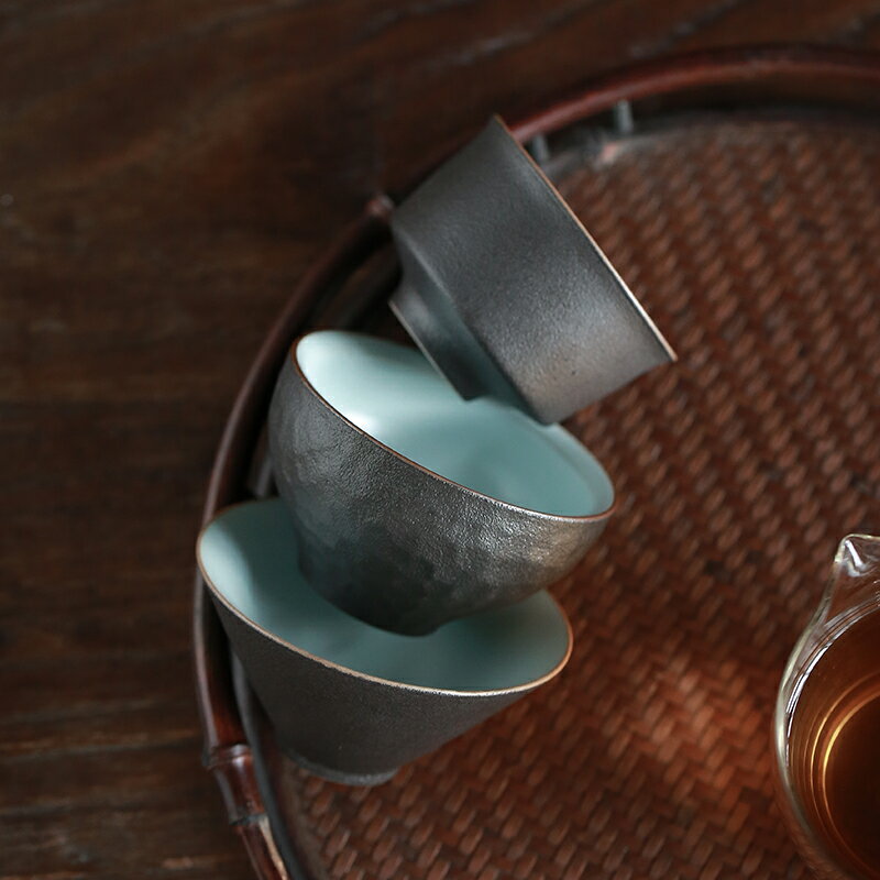 粗陶茶杯 黑陶瓷品茗杯 泡茶杯子 家用茶盞斗笠杯功夫茶具小茶杯1入