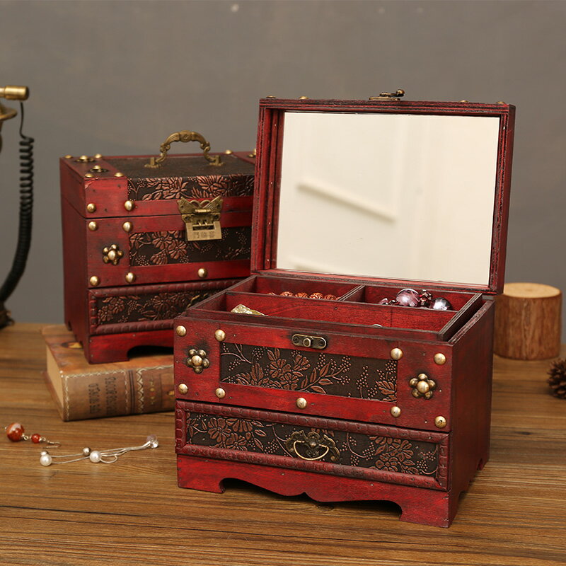 古風結婚中式木質小精致首飾盒子帶鎖發簪收納盒化妝盒嫁妝梳妝盒