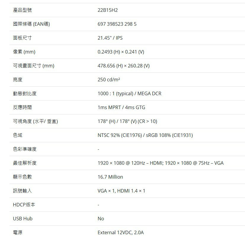 AOC 22B15H2 22吋 螢幕 IPS 120Hz 電腦螢幕 4