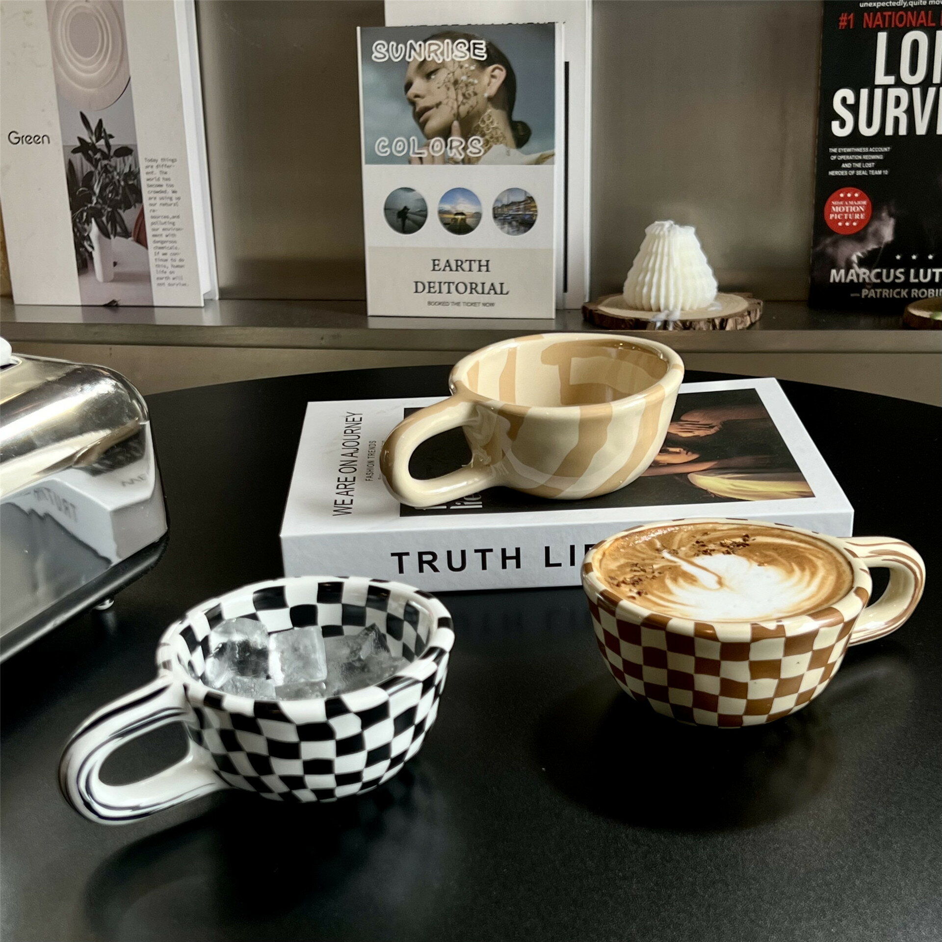 復古咖啡杯ins風小眾家用早餐杯韓式不規則棋盤格水杯陶瓷馬克杯