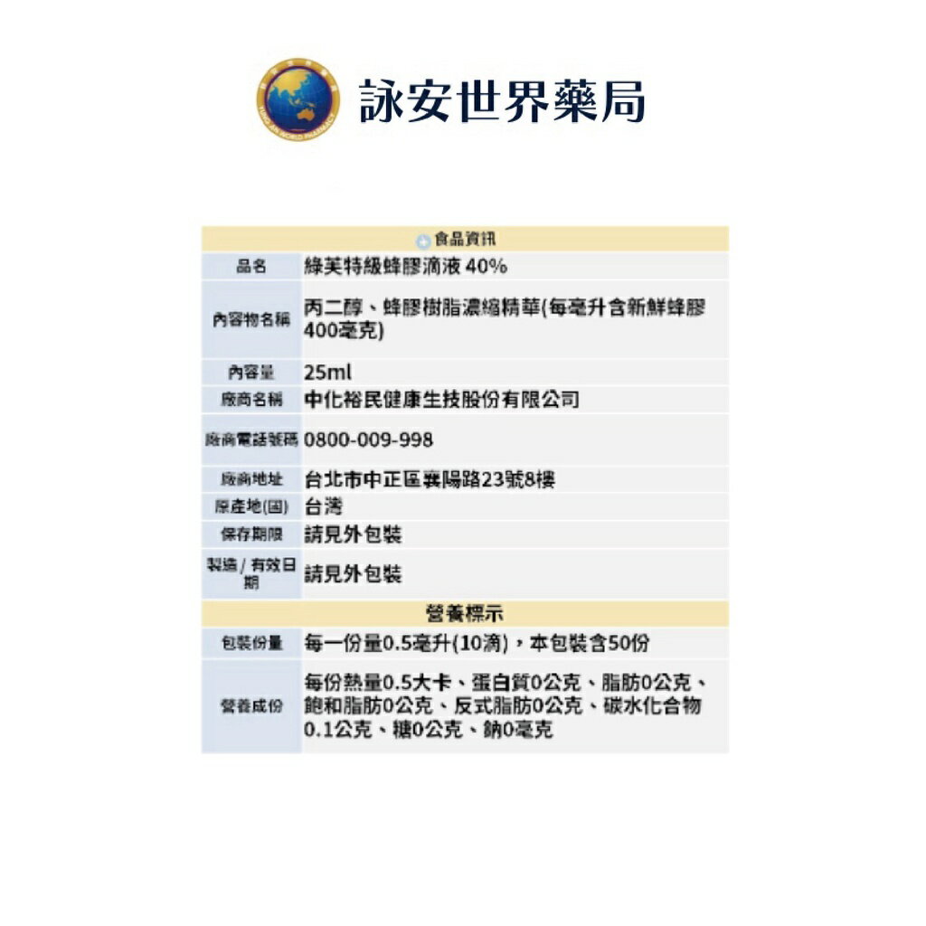"澳洲"進口 綠芙特級 40%蜂膠滴液/25ml  高單位蜂膠軟膠囊 /90顆/瓶 無酒精配方 【詠安世界商城】 3