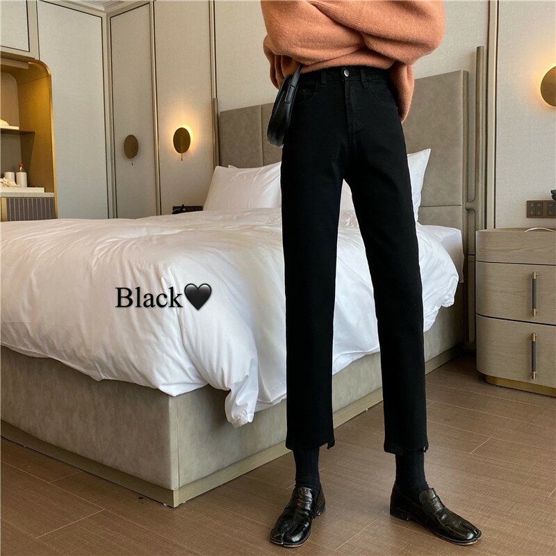 高腰牛仔褲女新款韓版黑色褲子女顯瘦百搭秋冬洋氣寬松直筒褲1入