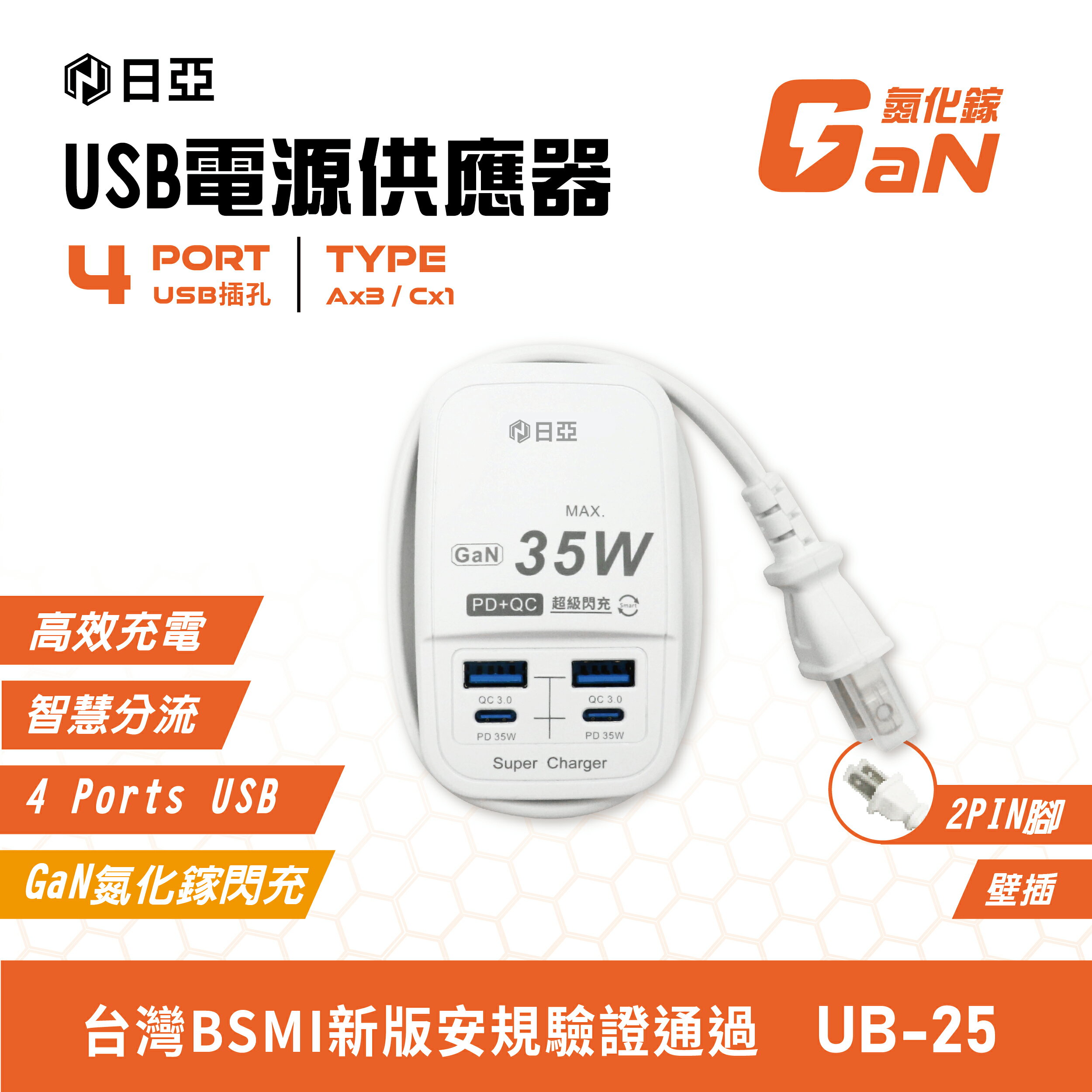 【日亞】UB-25智慧2 PD 35W Type-C+2 QC3.0閃充GaN氮化鎵60CM電源供應器(新安規)