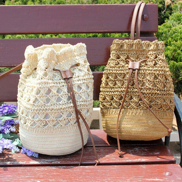 草編水桶包 草編包 編織包 藤編包 束口包 縮口包 背包 側背包 斜跨包 肩背包 拉繩 小包 花 民族圖騰 韓 ANNA S. 7