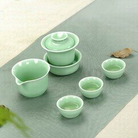 【快客杯-青瓷合歡-一壺四杯/套-蓋碗150ml杯30/70ml-1套/組】青瓷辦公旅行創意快客杯茶功夫茶具(包需加購)-7501015