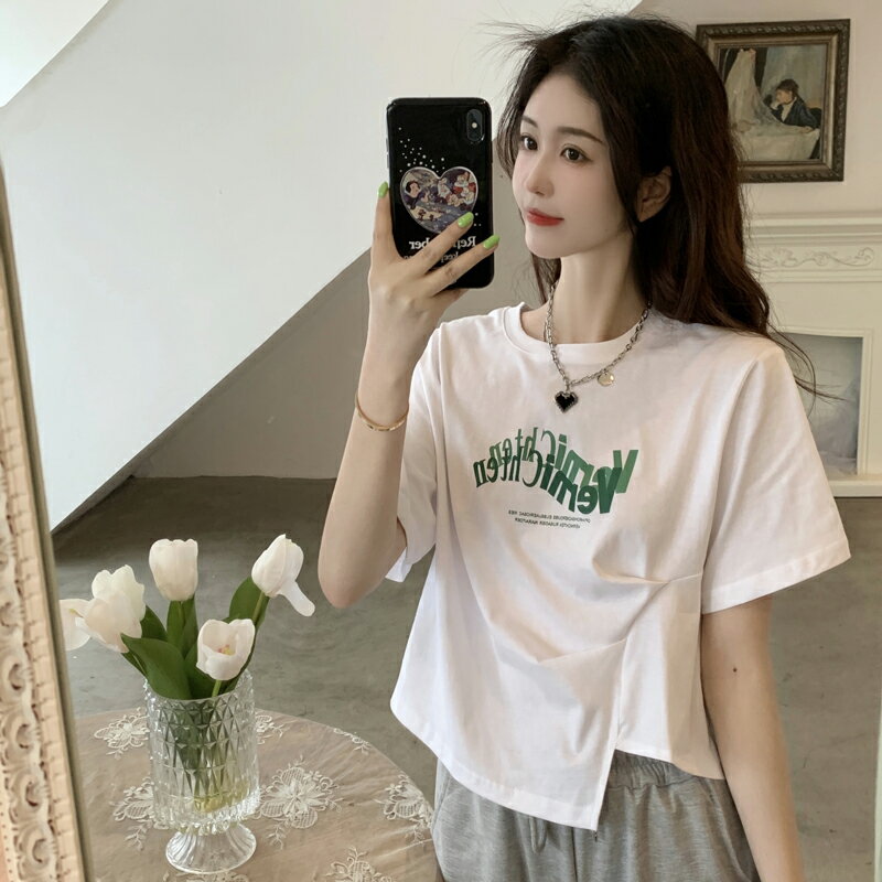 不規則短袖T恤女夏季韓版2022新款字母印花甜辣風白色體恤上衣ins