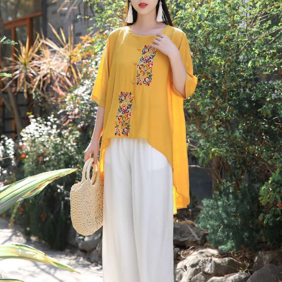 棉麻短袖女夏提花盤扣刺繡寬松襯衫復古薄款上衣褶皺民族風中長款