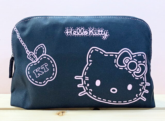 【震撼精品百貨】凱蒂貓 Hello Kitty 日本SANRIO三麗鷗 KITTY 拉鍊化妝袋/收納袋-黑/蘋果#12627 震撼日式精品百貨