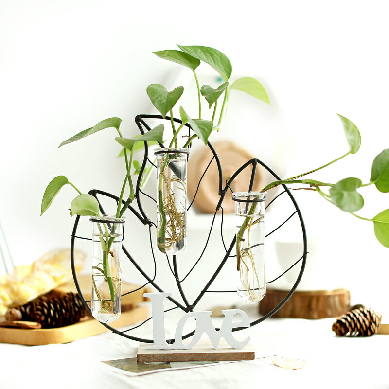 北歐ins鐵藝幾何花器透明玻璃水培干花瓶客廳插花家居裝飾品擺件1入