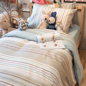 精梳棉 床包 被套 兩用被 床組 單人/雙人床包組 [ 文青藍線條 ] 台灣製造 棉床本舖