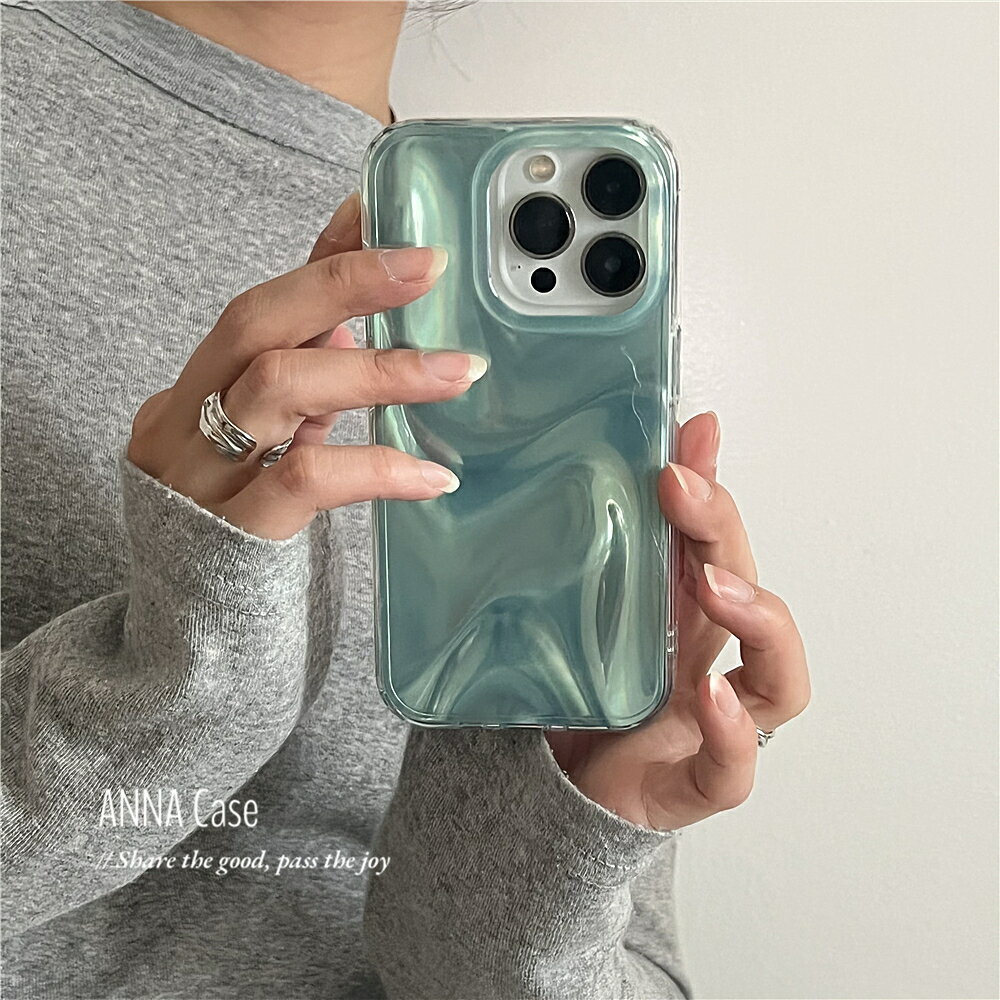 ANNACASE高級暈染湖綠色水波紋適用蘋果17promax手機殼iphone14小眾15pro新款17全包軟殼16promax防摔保護套