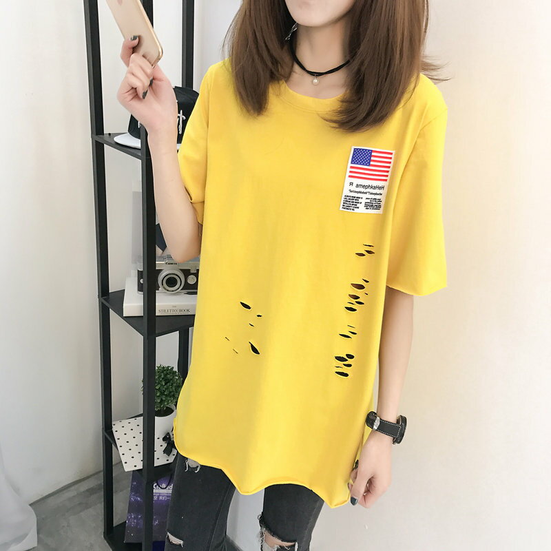 FINDSENSE G5 韓國時尚 夏季 短袖 T恤 中長款 大尺碼 女裝 破洞 上衣