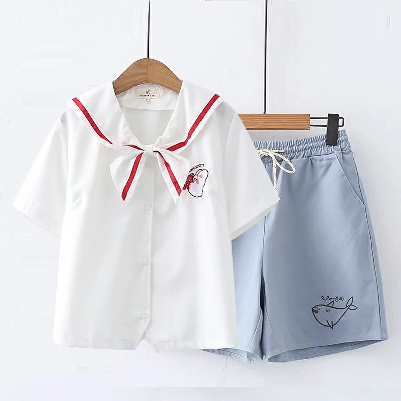 少女夏季2件套初高中甜美刺繡白色短袖襯衫+休閑短褲學生百搭套裝