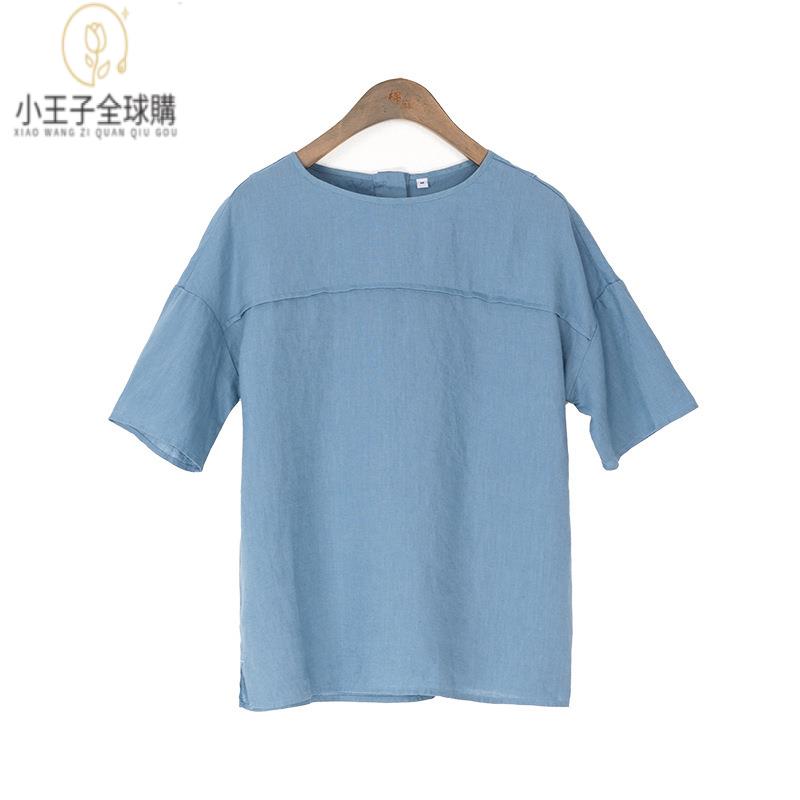 【公司現貨速發】免運 開發票 小王子女裝年夏季新款純色亞麻小衫 通勤百搭圓領套頭五分袖襯衫女女裝上衣 流行女裝 棉麻 早秋 日韓女裝