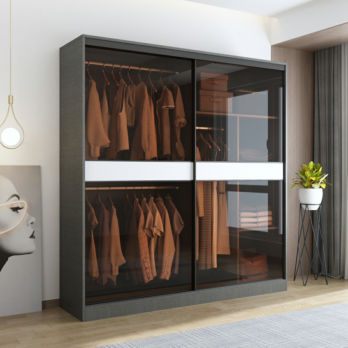 推拉門衣柜家用臥室木質簡約現代小戶型玻璃移門組裝衣櫥輕奢柜子