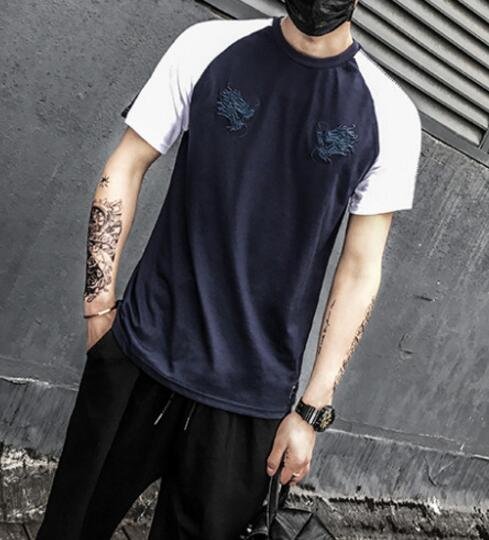 FINDSENSE品牌 時尚潮流 型男 酷 龍頭刺繡 短袖T恤 特色短T