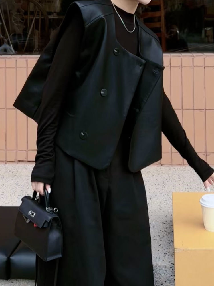 黑色短款皮衣馬甲外套女2025春秋設計感時尚寬松無袖疊穿坎肩上衣-享樂