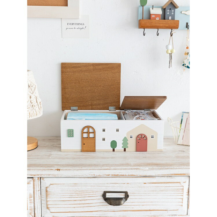 木質收納盒 卡通創意親子口罩收納盒 大兒童玄關家用桌面存放 家用收納盒