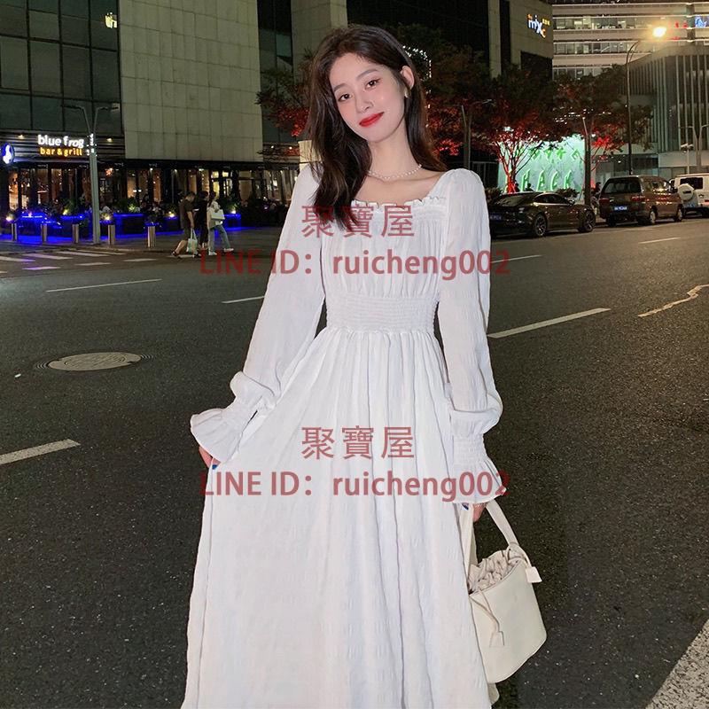連身裙洋裝溫柔風方領喇叭袖收腰顯瘦桔梗連衣裙女初戀長裙 【聚寶屋】