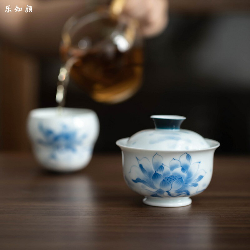 高白瓷釉下彩手繪青花蓮花蓋碗陶瓷功夫茶具泡茶器壺承家用敬茶碗