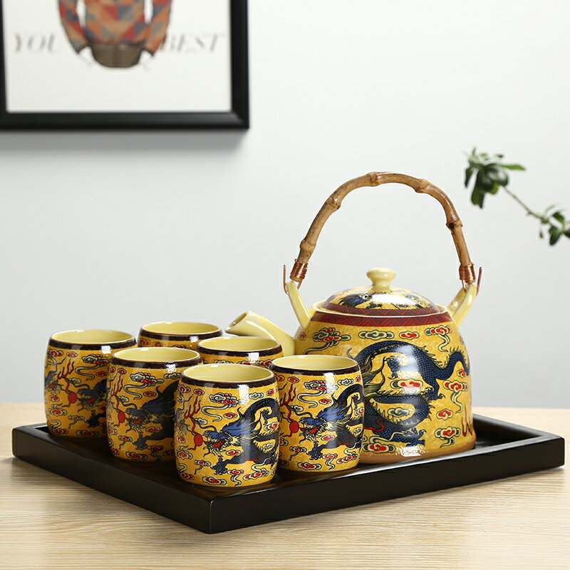 大容量提梁壺茶具整套陶瓷功夫泡茶具帶過濾網托盤復古茶壺杯家用