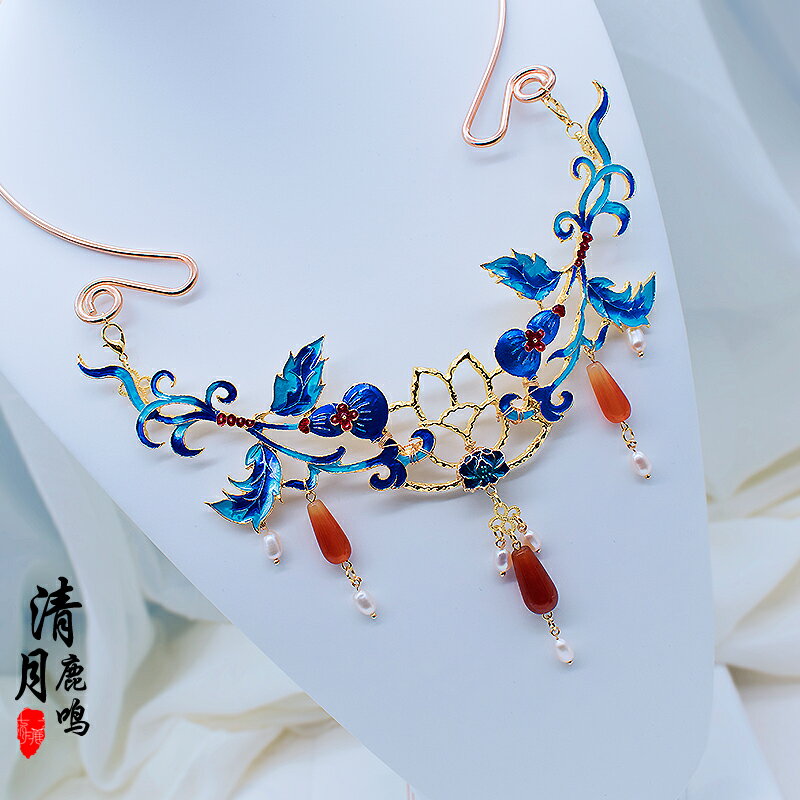 清月鹿鳴燒藍瓔珞項圈明制漢服配飾景泰藍古風飾品珍珠紅瑪瑙項鏈