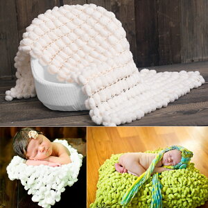 寶寶拍照手工編織白色球毯道具 影樓新生兒攝影籃框輔助毯墊
