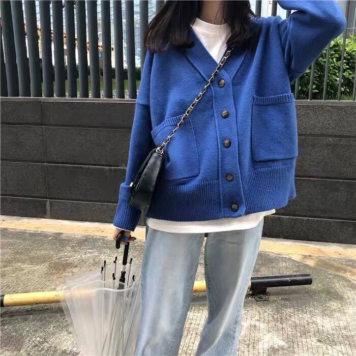 秋季女裝韓國百搭V領純色寬松毛衣外套復古單排扣長袖針織衫1入