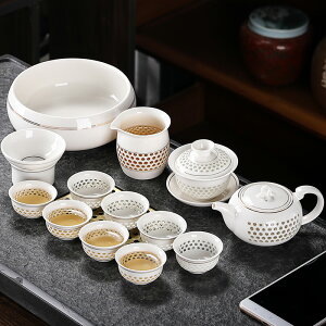 整套玲瓏鏤空陶瓷功夫茶具套裝家用簡約會客蓋碗泡茶杯茶壺