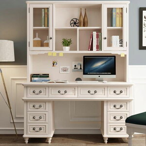 純實木白色美式輕奢小戶型80cm白色書桌書架組合一體兒童學習桌