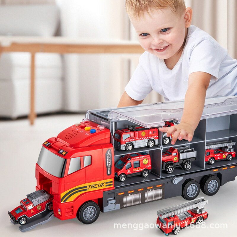定制兒童收納貨柜車模型玩具車男孩消防工程車套裝合金禮物3-6歲77