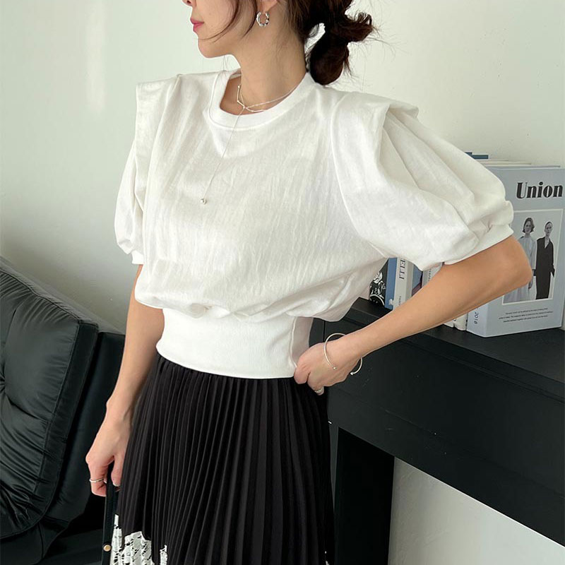 ANNAS 正韓墊肩造型短袖上衣 棉質短T 百搭素面顯瘦縮腰 韓國短袖T恤 7