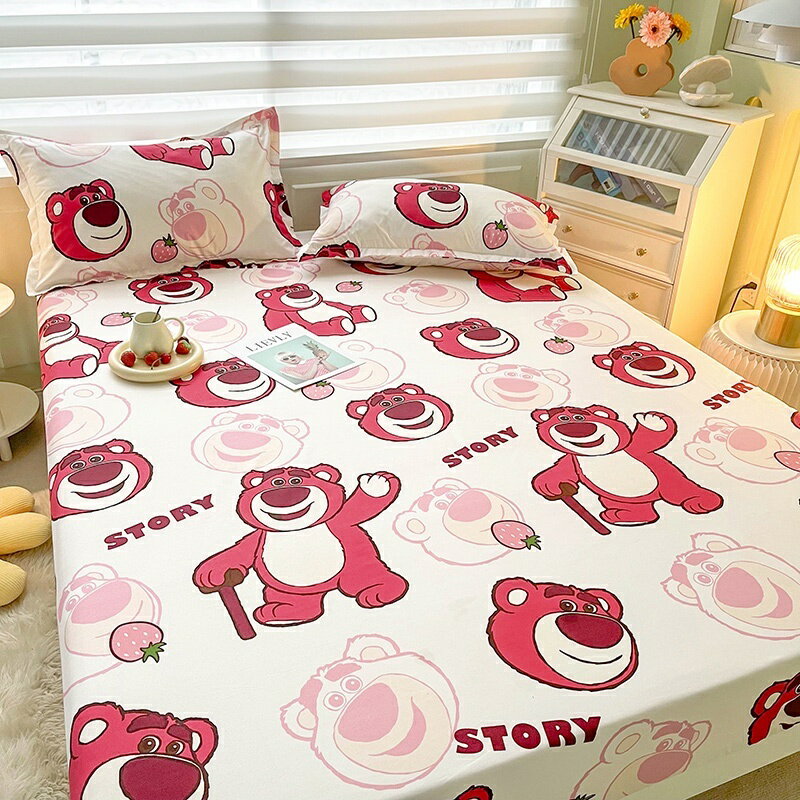 迪士尼卡通床笠 單人雙人加大床包1件 裸睡級舒適水洗棉床包組 草莓熊 米奇印花床笠 枕套