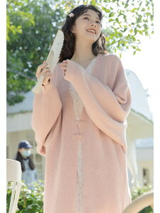 日系奶fufu寬松針織開衫女春秋粉色純欲風中長款毛衣外套