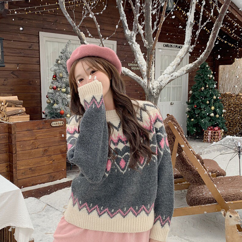 ANNAS 粉色聖誕毛衣 復古編織圖騰針織衫 愛心花紋可愛慵懶少女風
