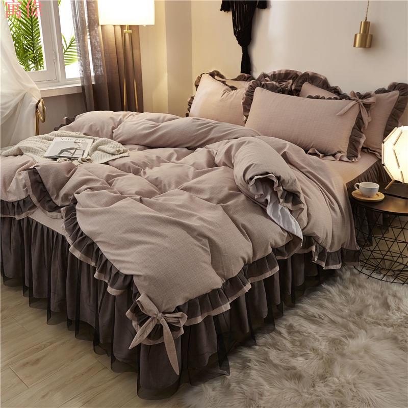 簡約精品韓版少女心床裙四件套磨毛加厚被套床罩三件式網紅春夏季床上用品單人 雙人 床上用品 高品質舒適 7