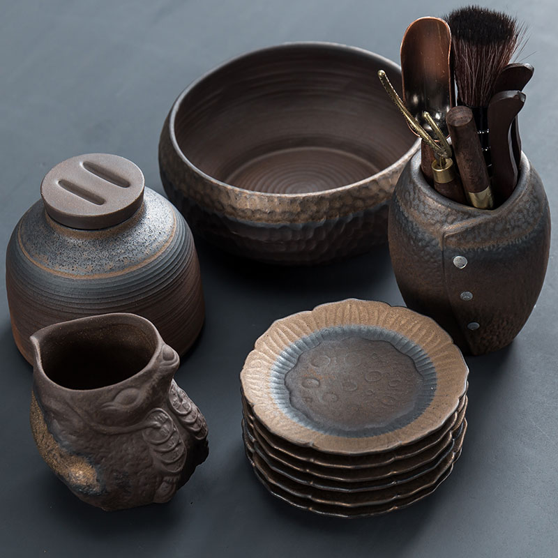中式粗陶茶道六君子套裝復古日式實木黑檀木帶筒整套茶具配件筆刷