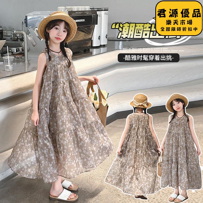 洋裝 女童洋裝 女童連衣裙 夏季新款兒童連衣裙 洋氣女大童復古氣質碎花無袖背心裙 連衣裙