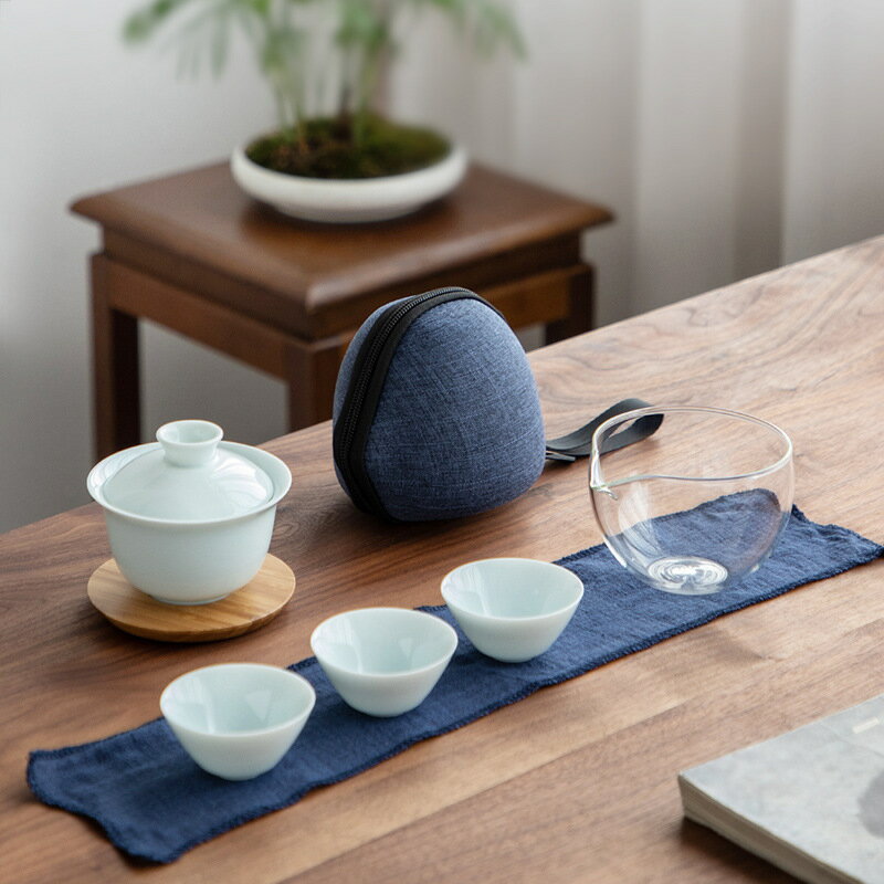 【喜挖】影青瓷悠哉快客杯一蓋碗三茶杯功夫旅行茶具小套裝可攜式包收納