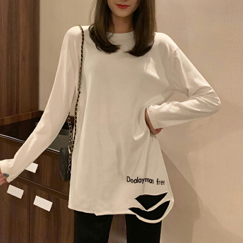 超火長袖T恤女秋冬加絨韓版破洞中長款上衣洋氣內搭打底衫新
