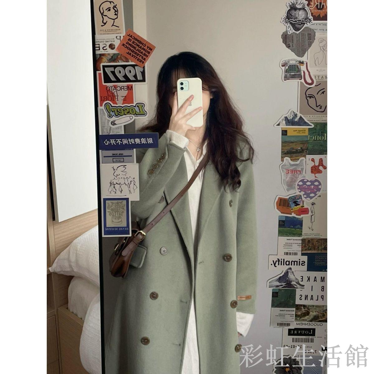 港風純色中長款毛呢風衣外套女學生秋冬季韓系赫本風寬松保暖大衣