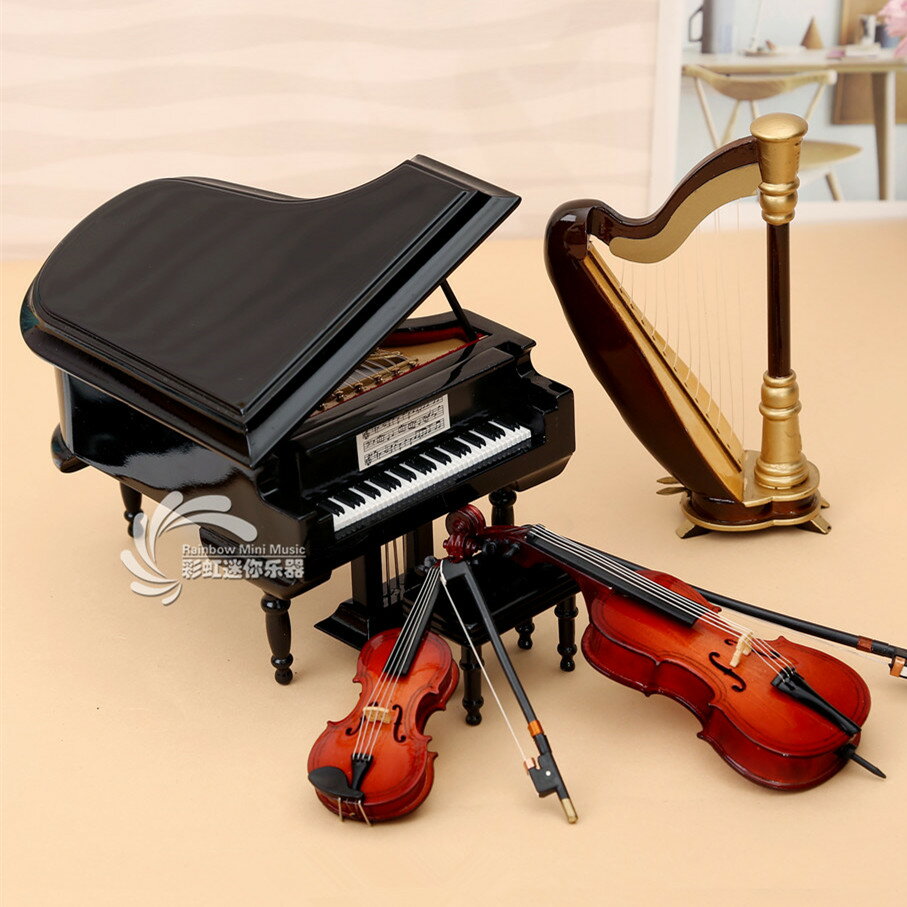 木質八音盒木質鋼琴音樂盒豎琴小提琴大提琴模型擺件生日禮物