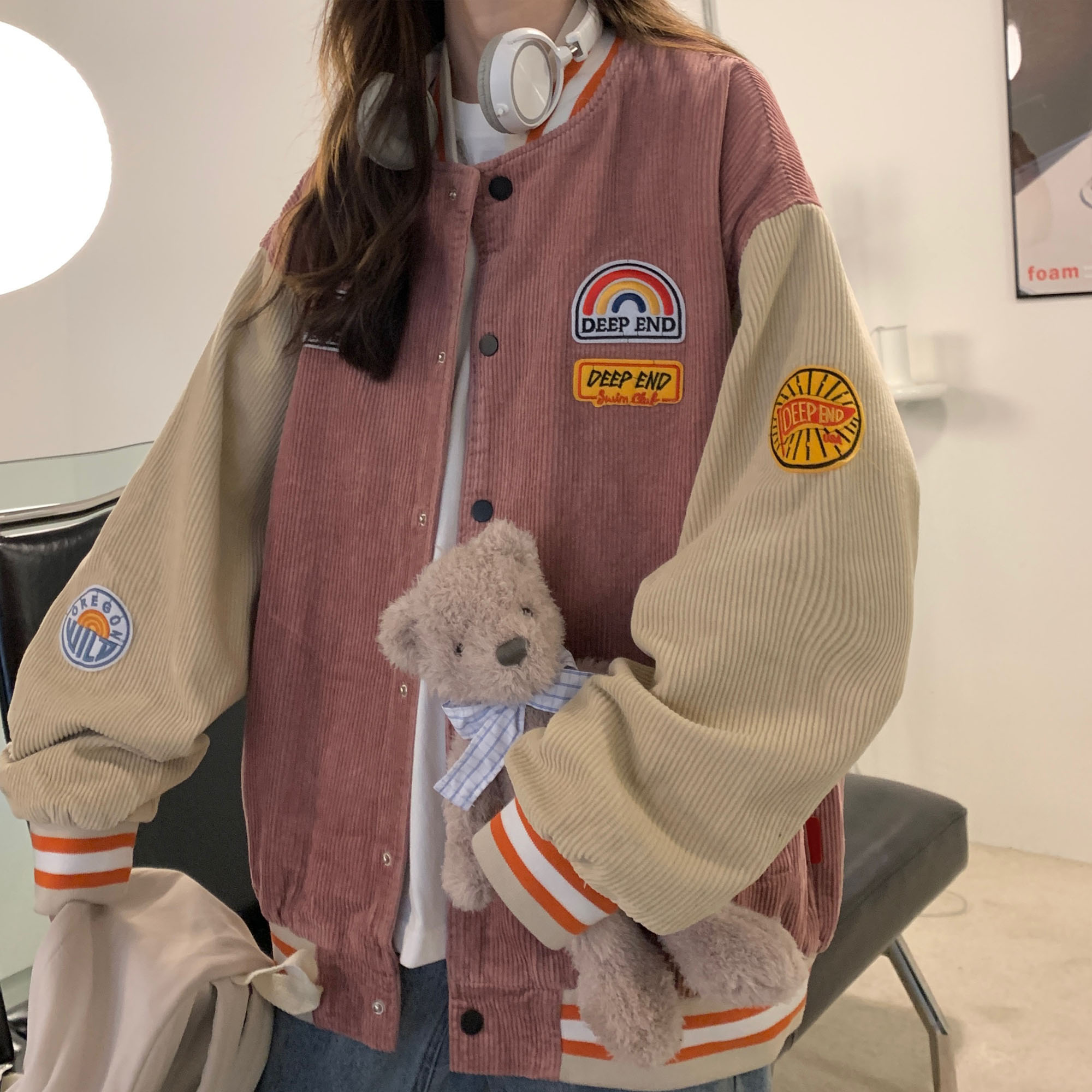 美式潮牌hiphop燈芯絨外套女秋冬寬松學生慵懶風棒球服ins潮