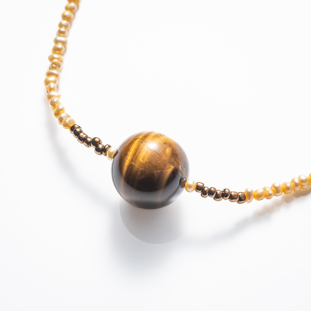 金虎眼石珍珠玻璃珠項鏈(項鏈長度40cm )