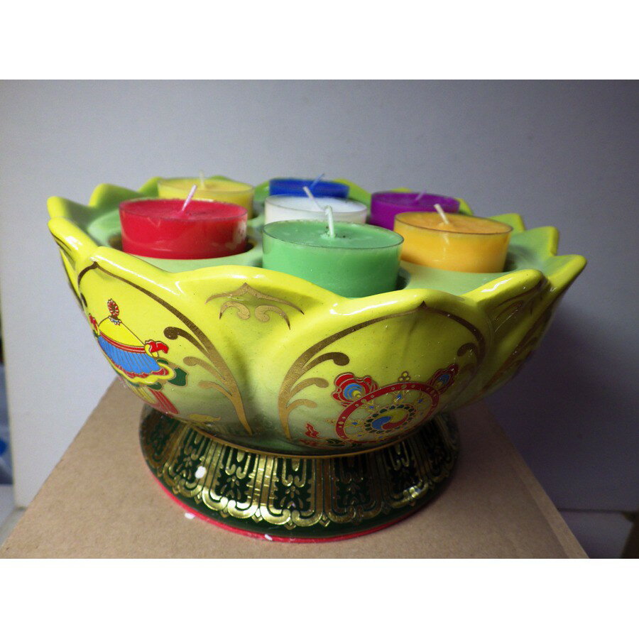 藏式陶瓷八吉祥七彩連花燈座黃色(上盤直徑18.5高9.5公分底座14.5公分)