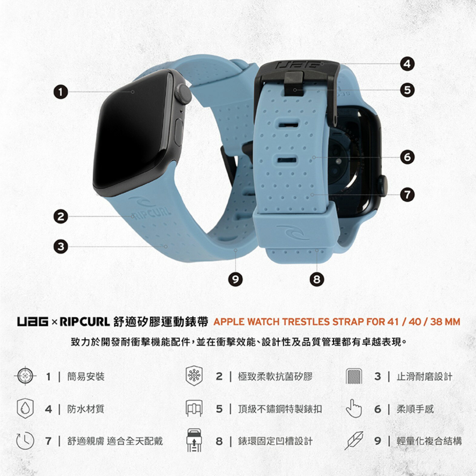 UAG X RIP CURL Apple Watch 38 40 41mm 舒適矽膠 運動 錶帶 4