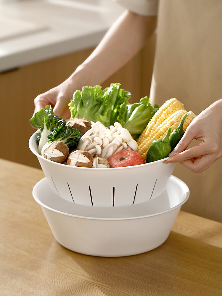 雙層洗菜盆瀝水籃大號多功能廚房家用新款加厚水果盤客廳淘菜籃子