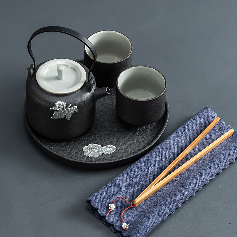 黑陶一壺二杯日式旅行便攜家用功夫茶具套裝陶瓷茶盤提梁茶壺茶杯